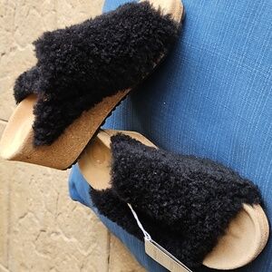 Sz 7- Birkenstock Papillio Namica Teddy Shearling Fur Wedge Mules Black NARROW